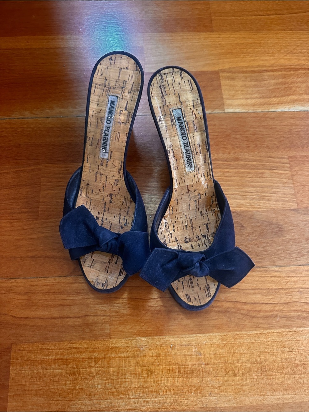Manolo Blahnik Black Suede Bow Cork-Insole Mules
